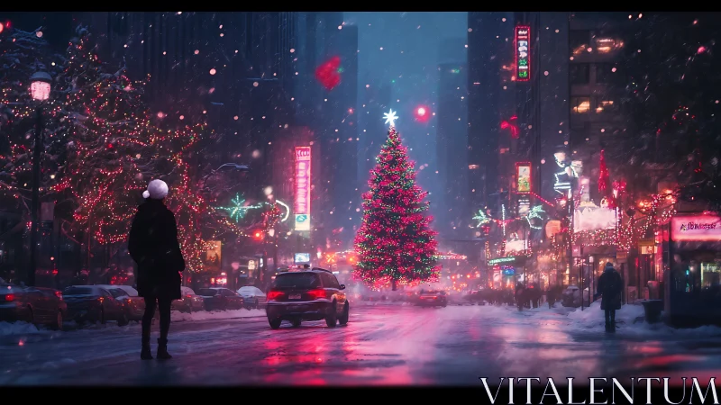 Snowy city boulevard with illuminated central Christmas tree