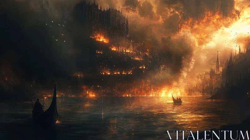 Apocalyptic medieval cityscape consumed by catastrophic inferno.