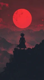 Silhouetted warrior beneath oversized crimson eclipse.