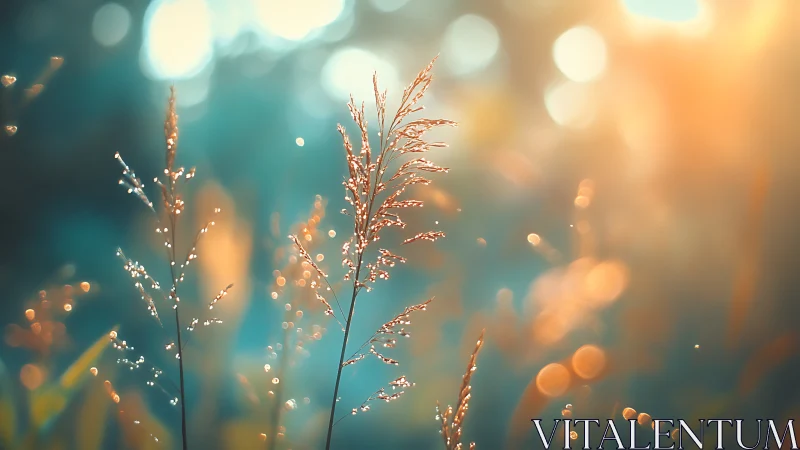 Dew covered grass stems in soft blue and orange bokeh field.