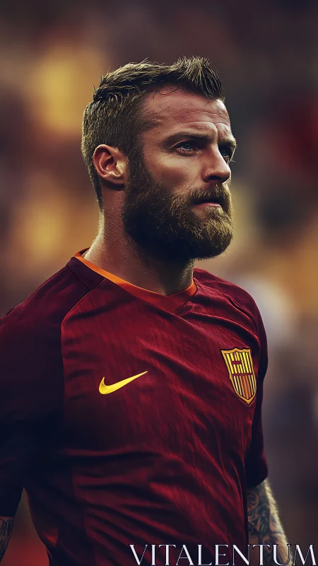 Bearded footballer in red kit under warm stadium bokeh lighting.