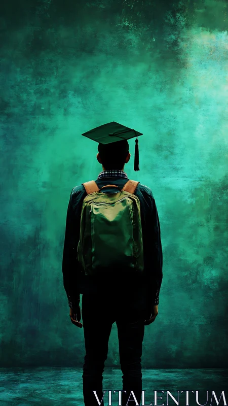 Graduate with backpack facing teal textured backdrop.