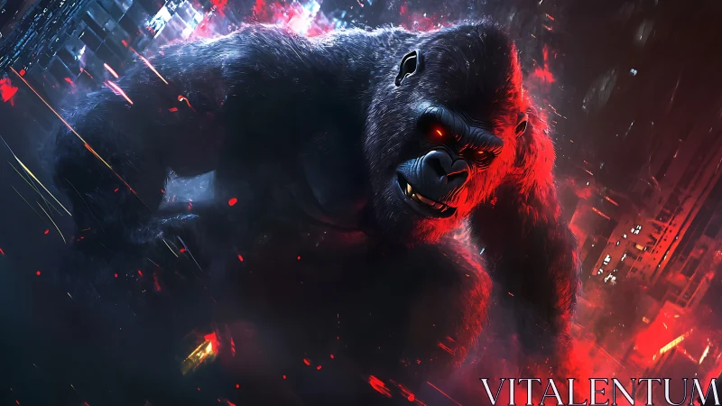 Cybernetic gorilla lunges through neon-lit dystopian cityscape