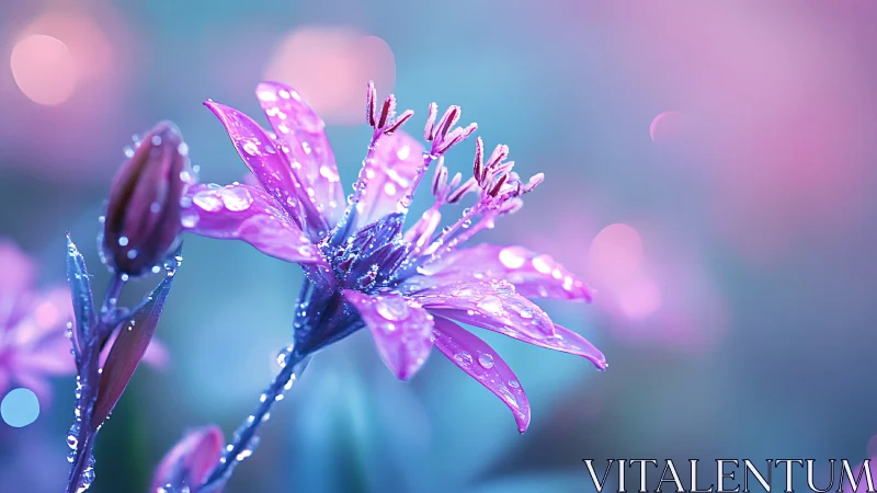 Purple flower macro with dewdrops and soft bokeh background.