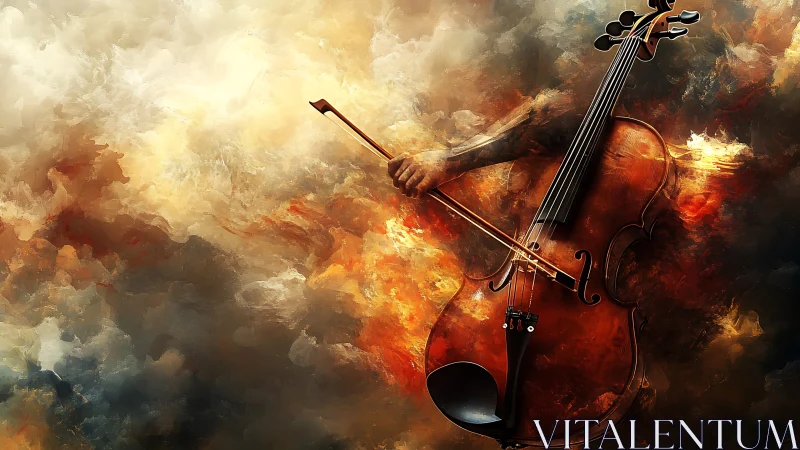 Cello on fire sings through swirling stormy color clouds.