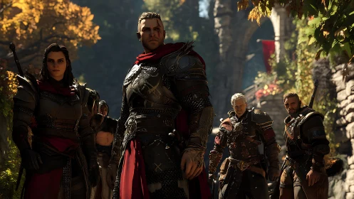 Armored fantasy warriors gathered in a sunlit stone ruin.