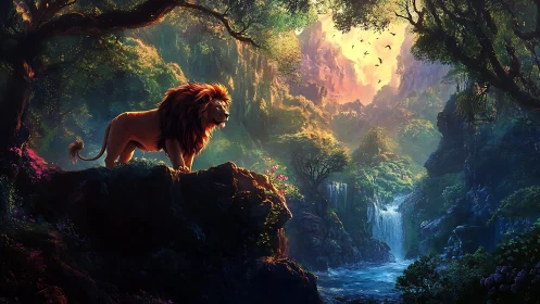Lion stands on rocky ledge overlooking lush waterfall valley