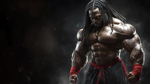 Hyperreal muscular fighter under dramatic low key rim lighting.