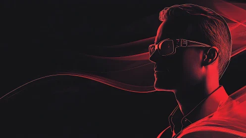 Profile of man in red light with abstract motion lines.