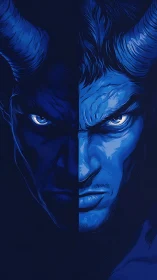 Split blue demon face illustration shows dual horned portrait