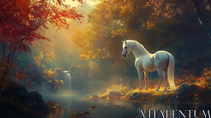 White horse stands beside calm forest river at sunrise