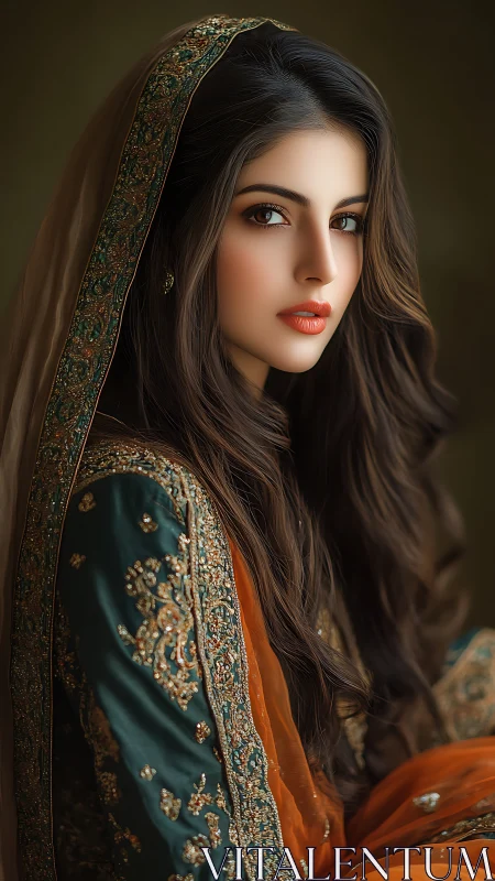 Portrait depicts woman in embroidered traditional attire