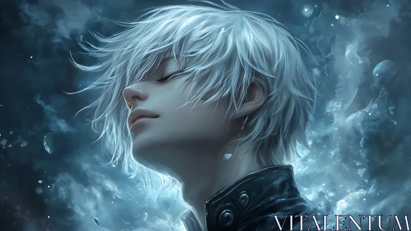 White-haired anime boy in blue ethereal cosmic mist.