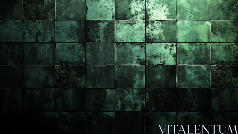 Oxidized green tiled wall with moody abstract patina.