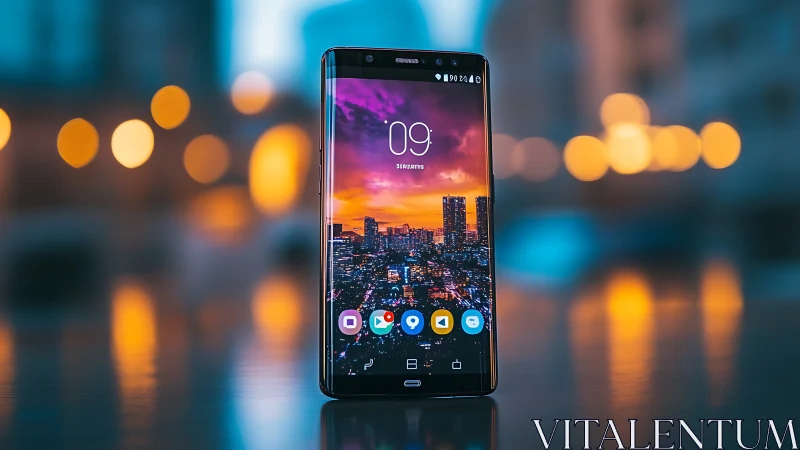 Premium Android Smartphone Displaying Vibrant Urban Sunset Wallpaper.