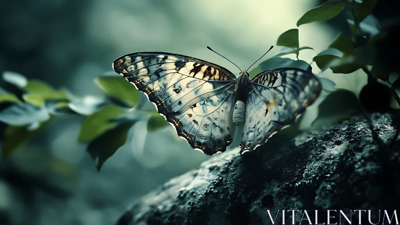Gentle forest butterfly resting in cool morning light.