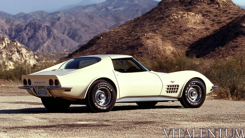 Classic white Corvette stands poised in sunlit desert landscape.