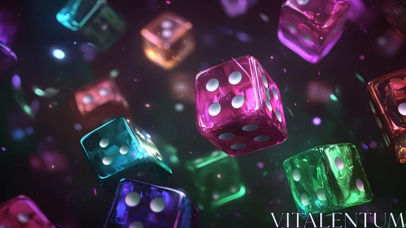 Neon glass dice float in dark bokeh-lit abstract space.