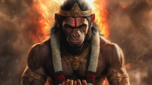 Simian humanoid figure is rendered with ornate armor and flames