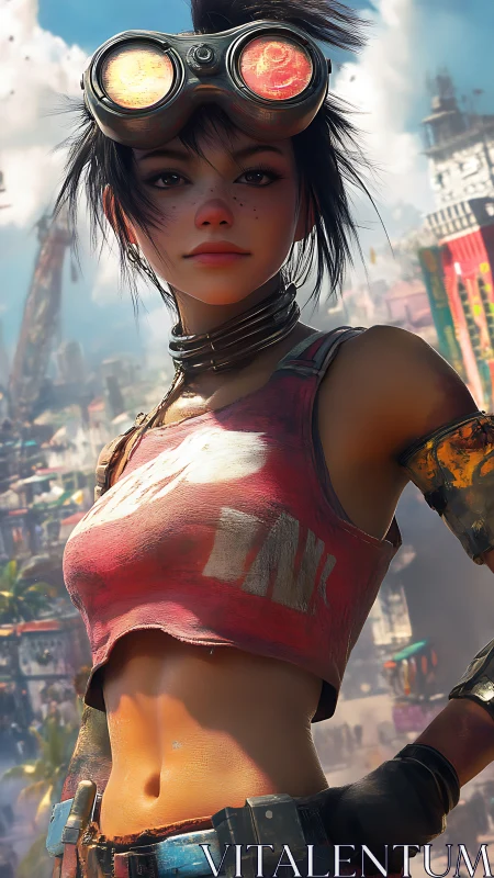 Postindustrial street mechanic with chromatic welding goggles.