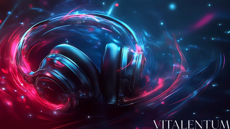 Neon blue and magenta headphones in fluid light trails.