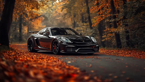 Black sports coupe on forest road amid autumn foliage.