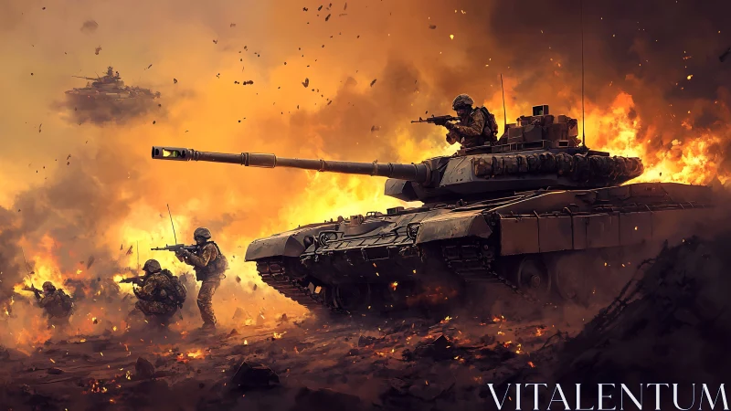 Armored tank and soldiers advance through blazing warzone