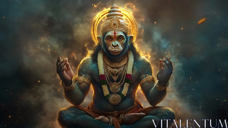 Divine blue simian deity meditates within golden fire halo