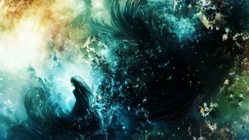 Starlit siren drifting through teal cosmic stormwaves.