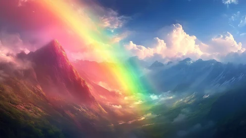 Radiant rainbow cascades over ethereal mountain valley.