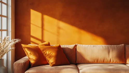 Orange wall with beige sofa and pillows in window light.