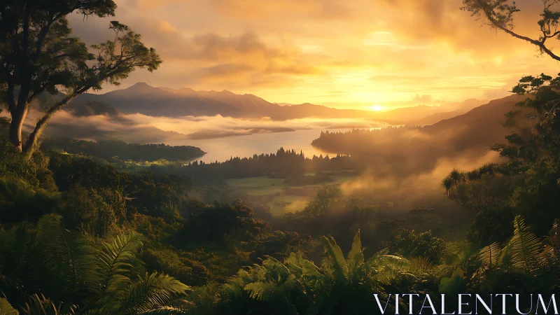 Luminous tropical valley at sunrise with misted lake basin