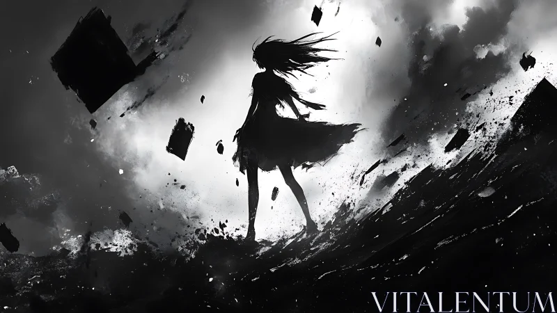 Silhouetted girl stands defiant amid a swirling monochrome storm