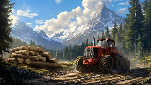 Red logging tractor rumbles through misty alpine forest road