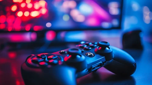 Game controller under neon blue and pink gaming lights.