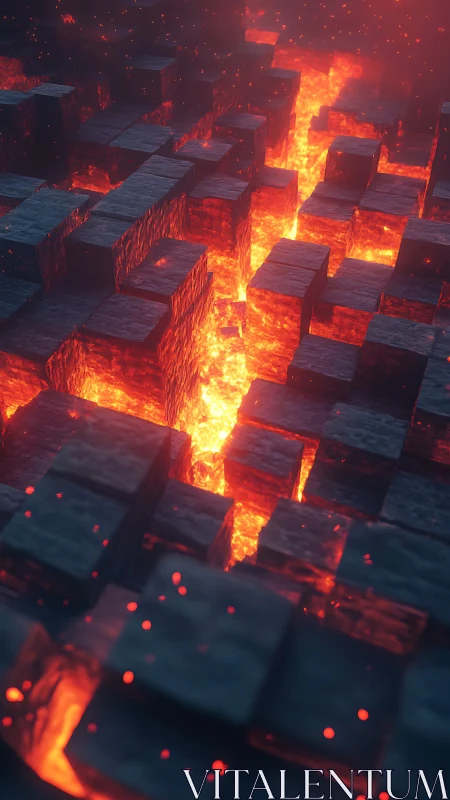 Volcanic lava flows carve glowing paths through stone blocks.