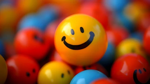 Vibrant yellow smiley sphere amid colorful bokeh balls.
