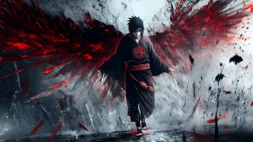 Dark anime warrior with red spectral wings in storm