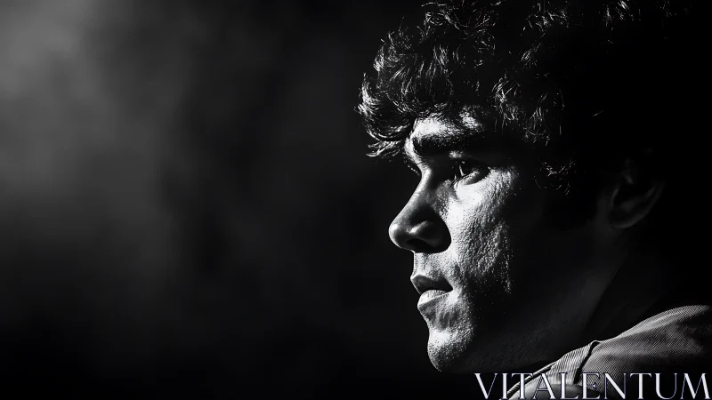 Side-lit male portrait in high-contrast monochrome study.