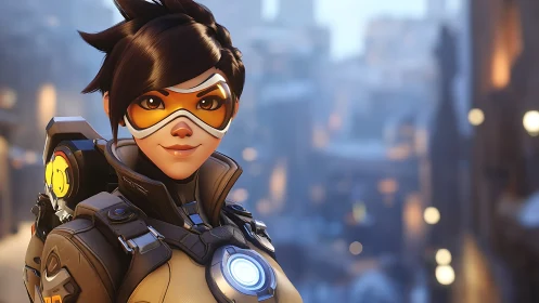 Stylized sci-fi heroine in futuristic winter cityscape.