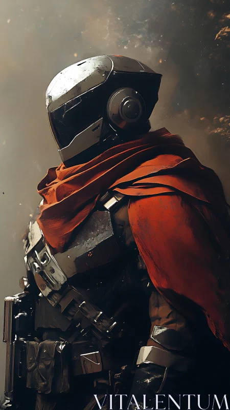 Lone armored ranger in red cloak under smoky light.