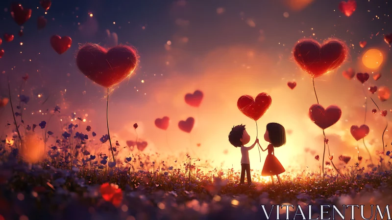 Two silhouettes holding glowing heart balloons in field at golden sunset.