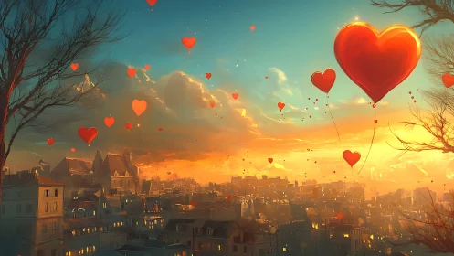 Urban landscape at sunset with suspended red heart formations.