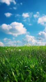 Low-angle focus shows tall grass field under blue cloudy sky