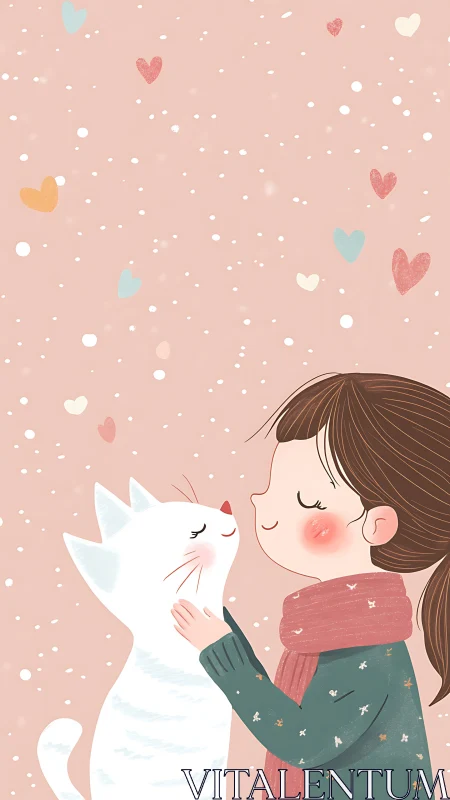 Girl and White Cat Share Peaceful Moment Among Falling Hearts.