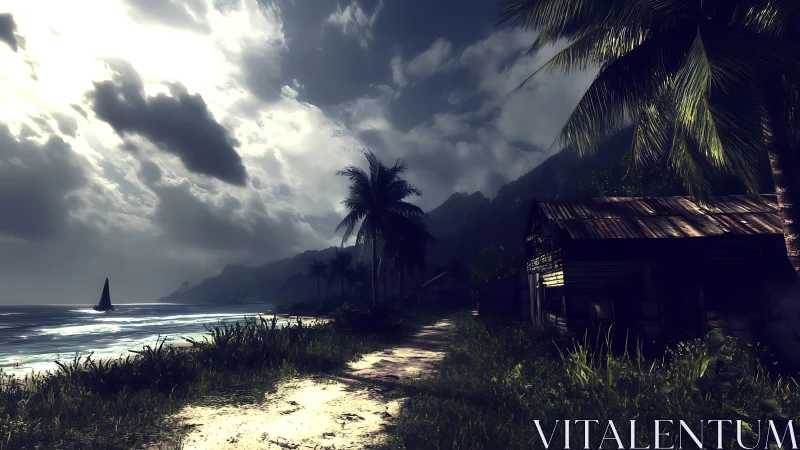 Tropical Beachfront Settlement Under Dramatic Atmospheric Conditions