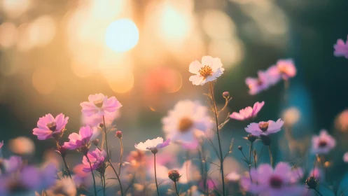 Shallow Depth of Field Captures Soft-Focus Cosmos Flowers in Golden Backlit Setting