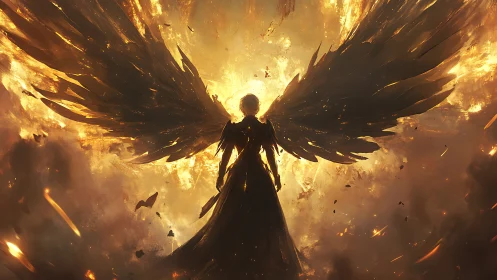 Celestial dark angel rises within blazing golden inferno.