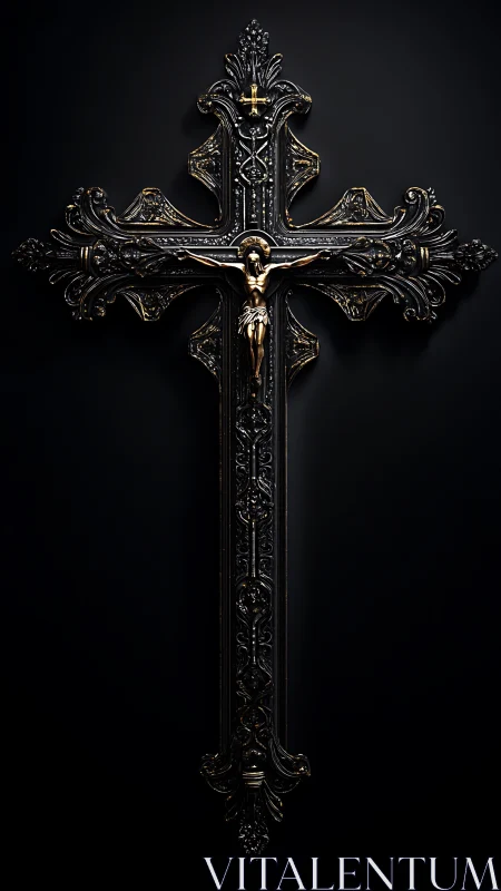Ornate black crucifix with gold-toned corpus on dark field.