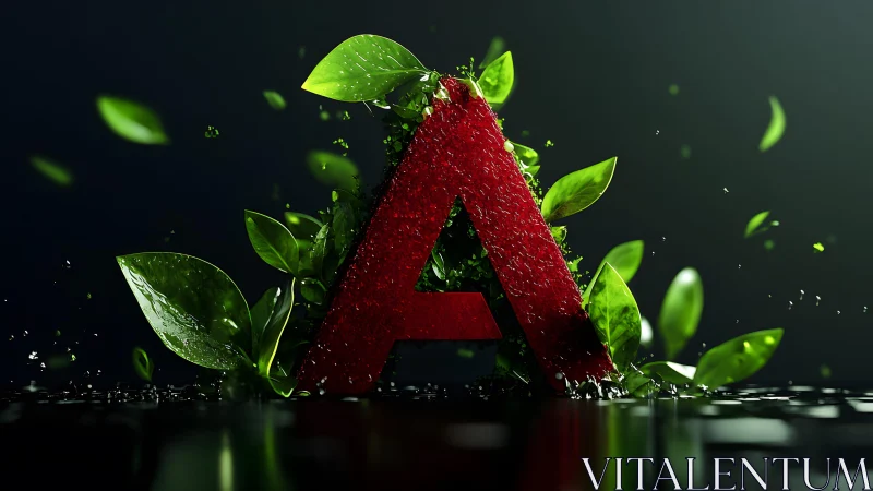 Vibrant Red Letter A with Lush Green Leaves, Modern Nature Style.